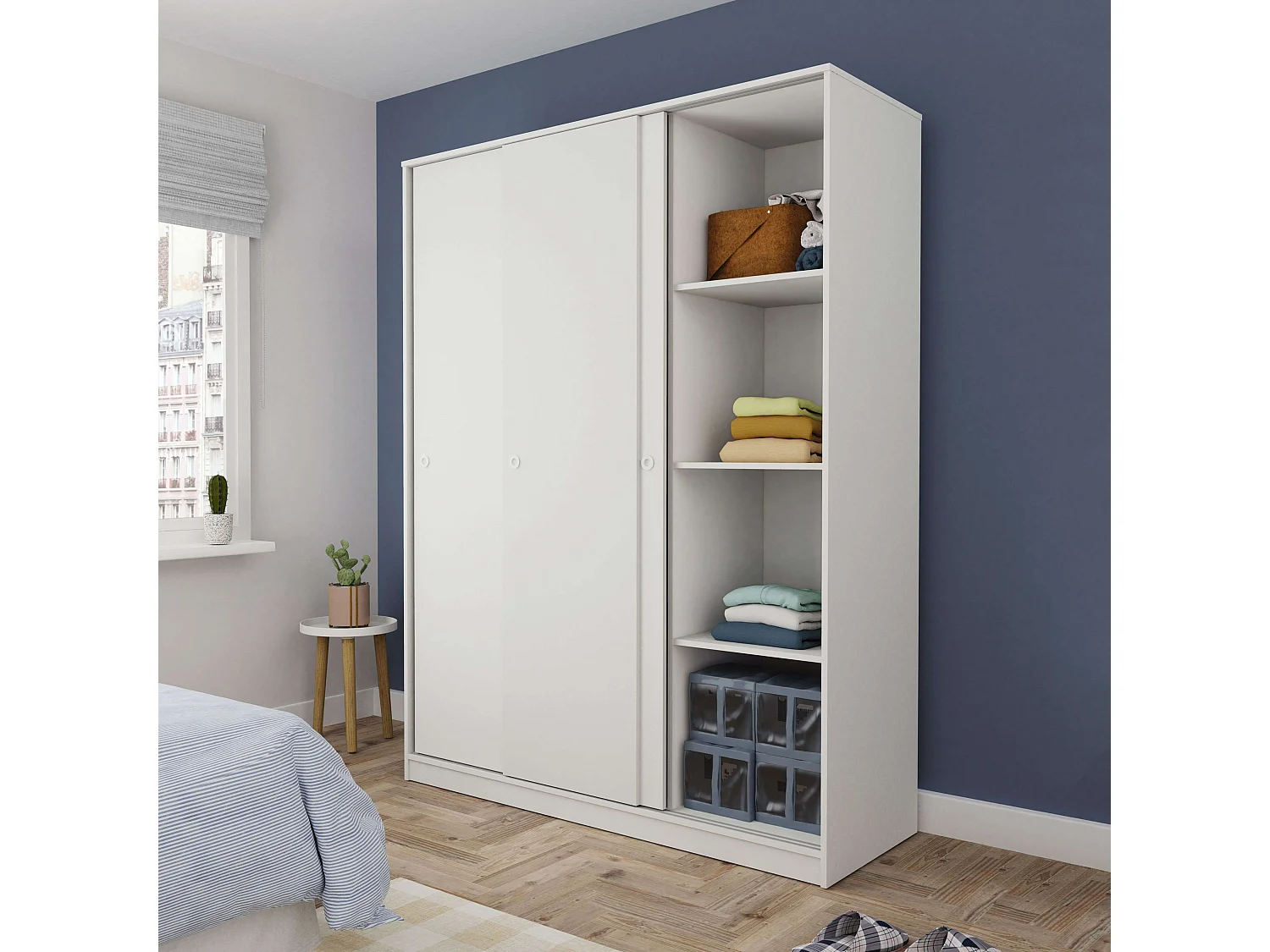 Armario Grande Tibet 3 Puertas Correderas Roble, Blanco 150x200cm