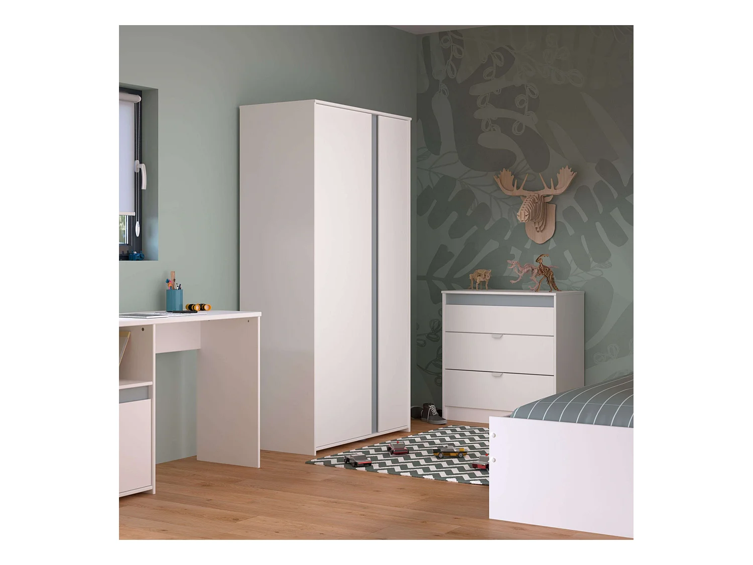 Armario Juvenil Germain 2 Puertas, 90cm Blanco Mate y Gris, Melamina