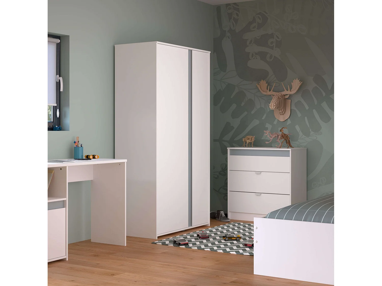 Armario Juvenil Germain 2 Puertas, 90cm Blanco Mate y Gris, Melamina