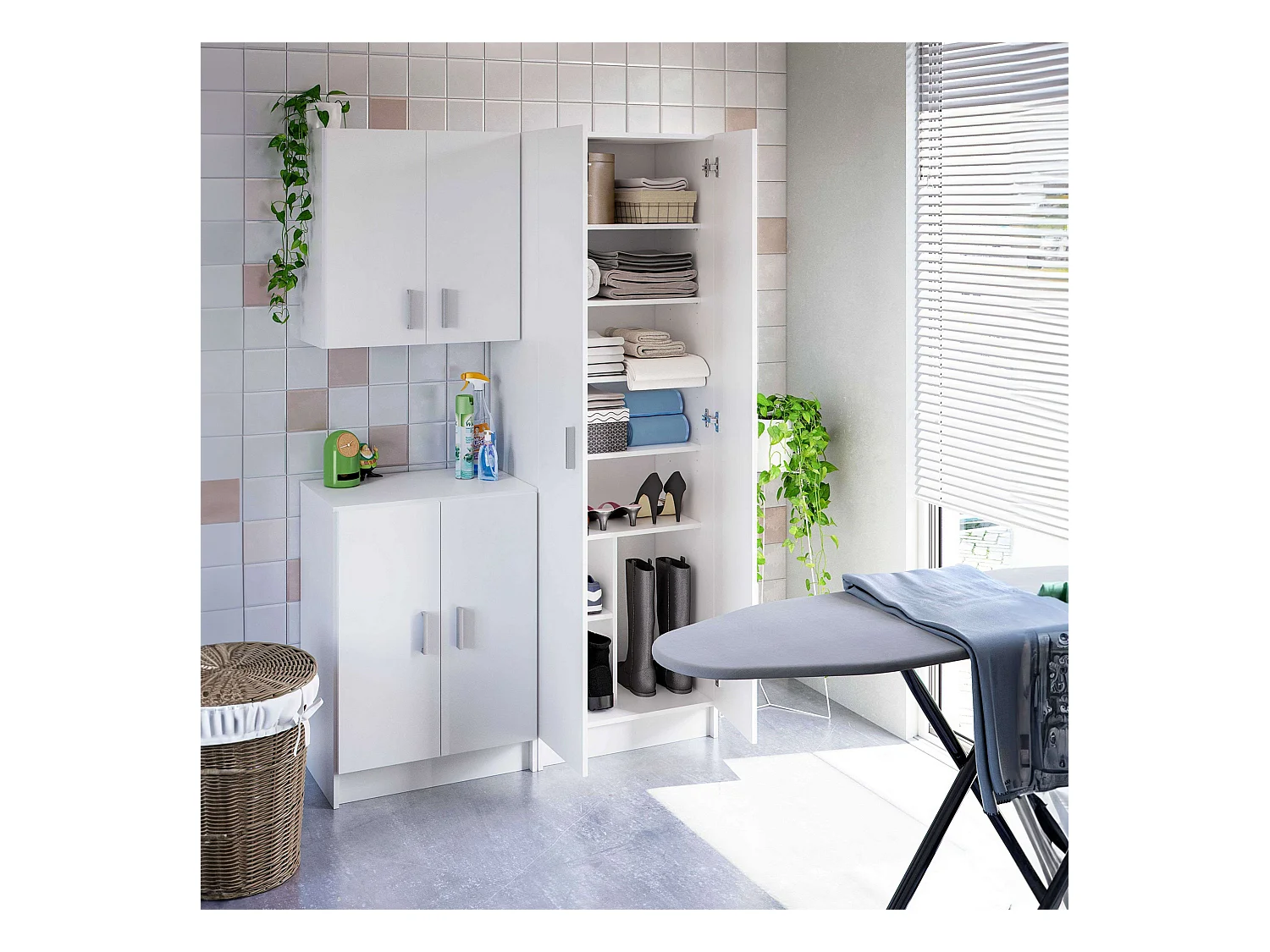 Composición 3 Armarios Aux. Blanco Multiusos Despensa Colada Limpieza