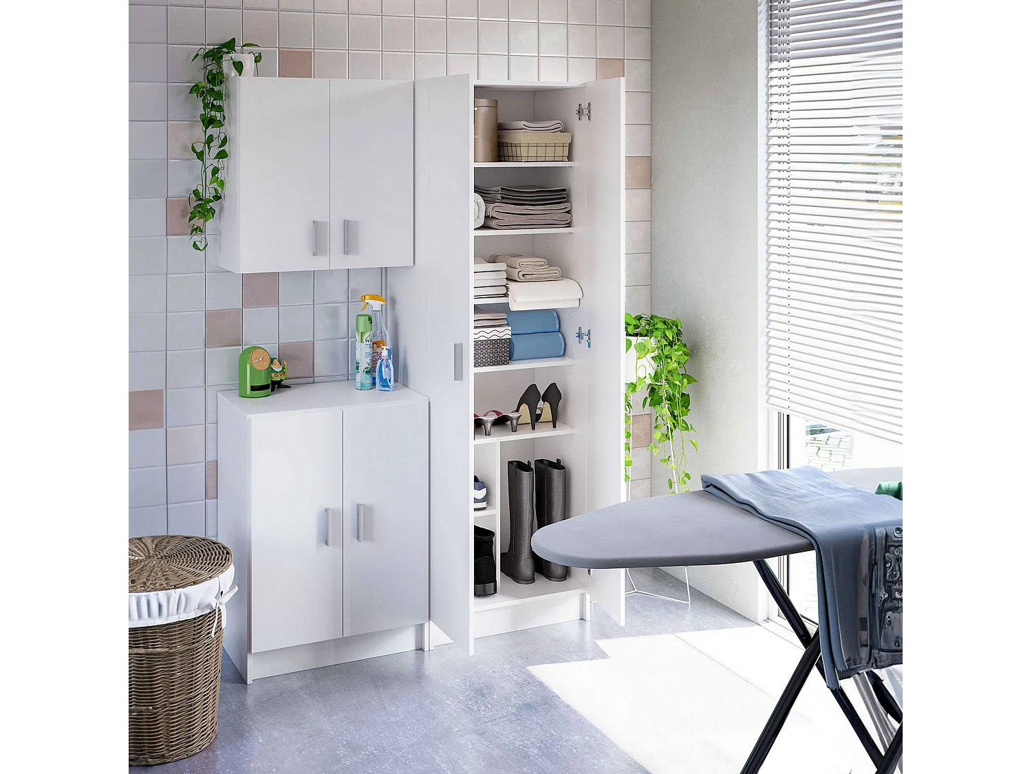 Composición 3 Armarios Aux. Blanco Multiusos Despensa Colada Limpieza