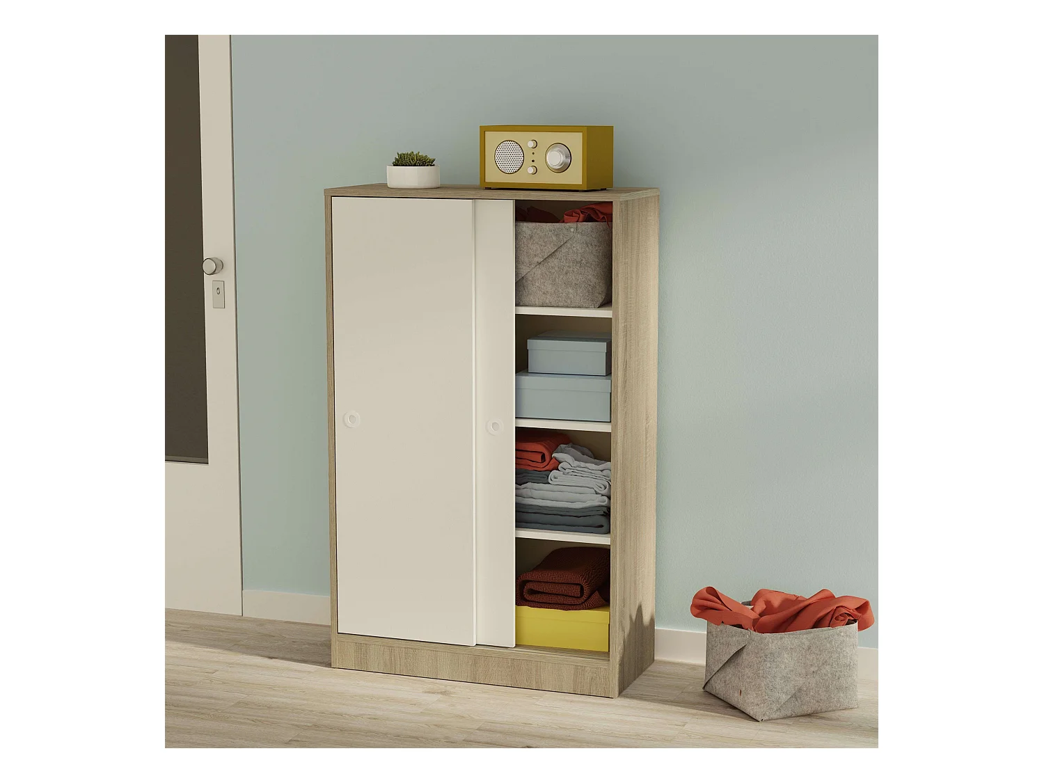 Meuble bas à 2 portes coulissantes, chêne cambrien, blanc, 74 x 33 cm