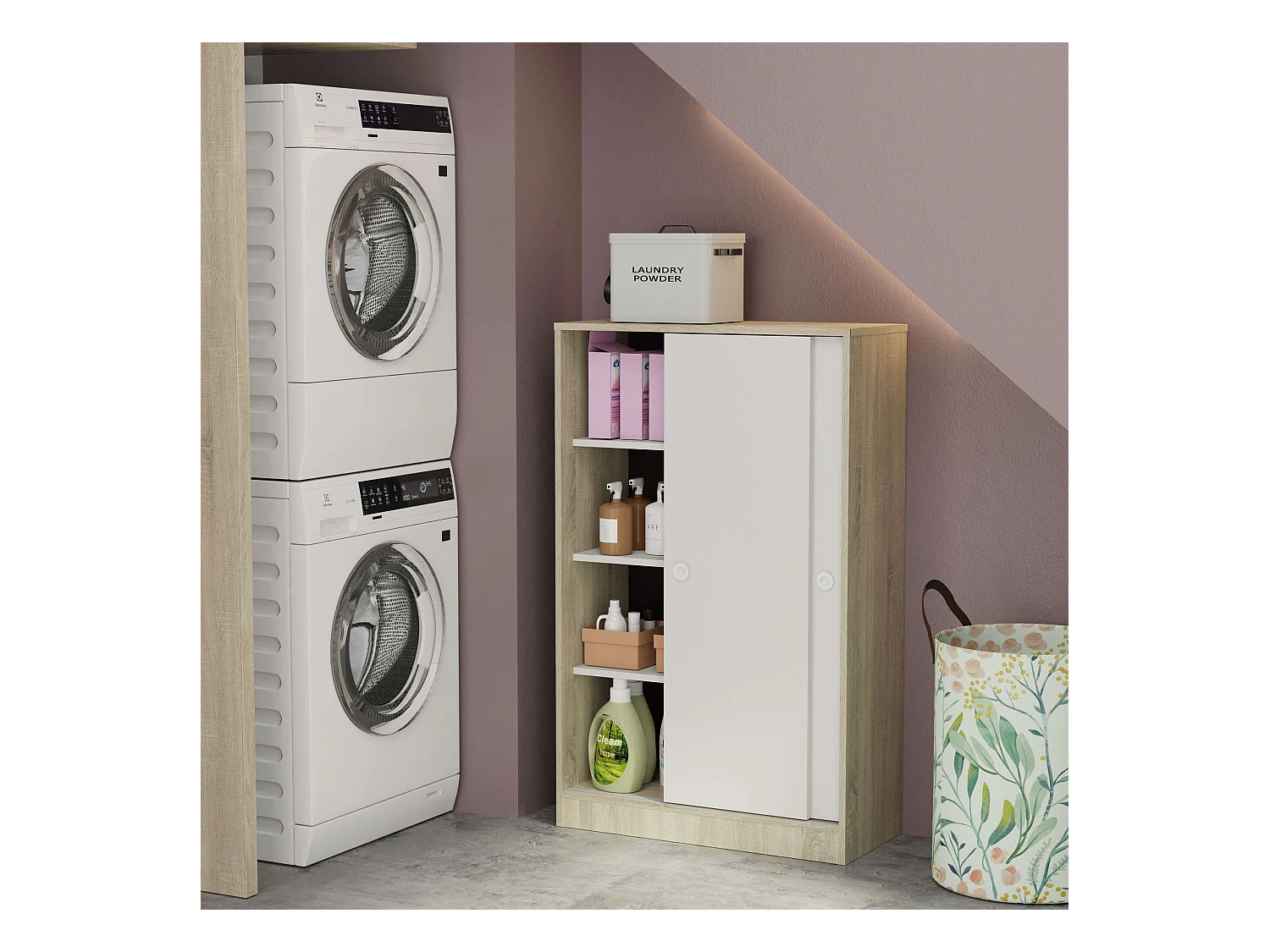 Meuble bas à 2 portes coulissantes, chêne cambrien, blanc, 74 x 33 cm