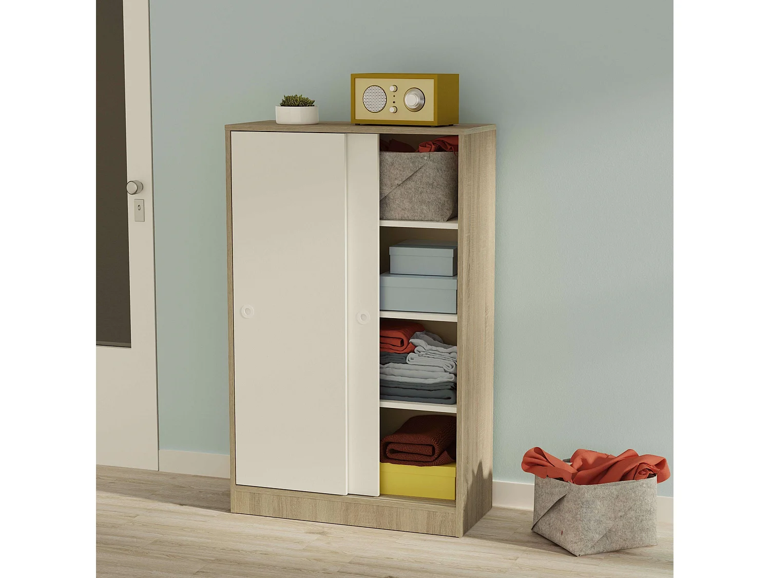 Armário baixo com 2 portas de correr, carvalho cambriano, branco, 74x33 cm