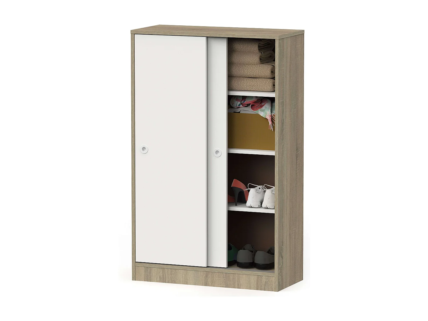 Meuble bas à 2 portes coulissantes, chêne cambrien, blanc, 74 x 33 cm