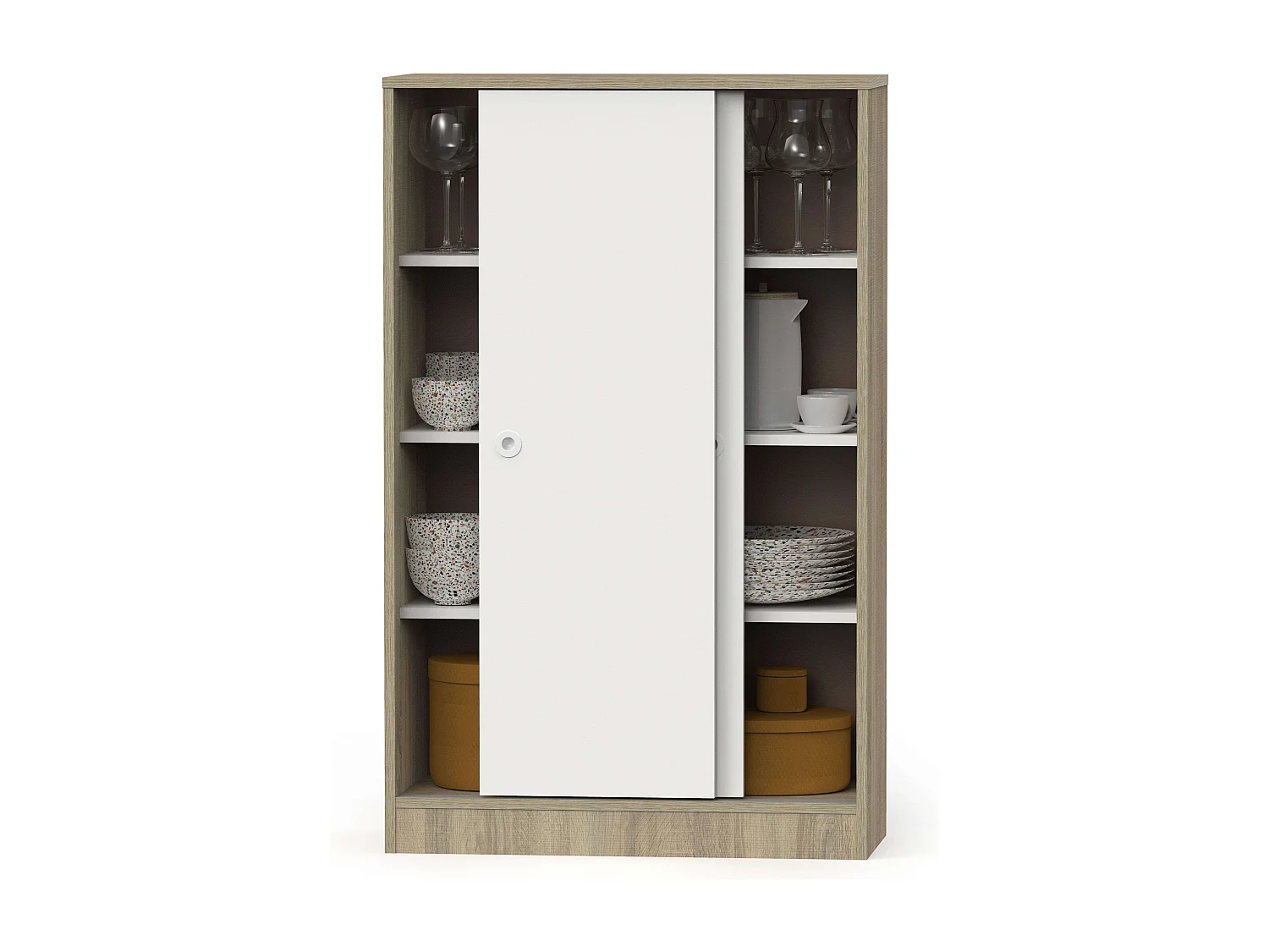 Meuble bas à 2 portes coulissantes, chêne cambrien, blanc, 74 x 33 cm