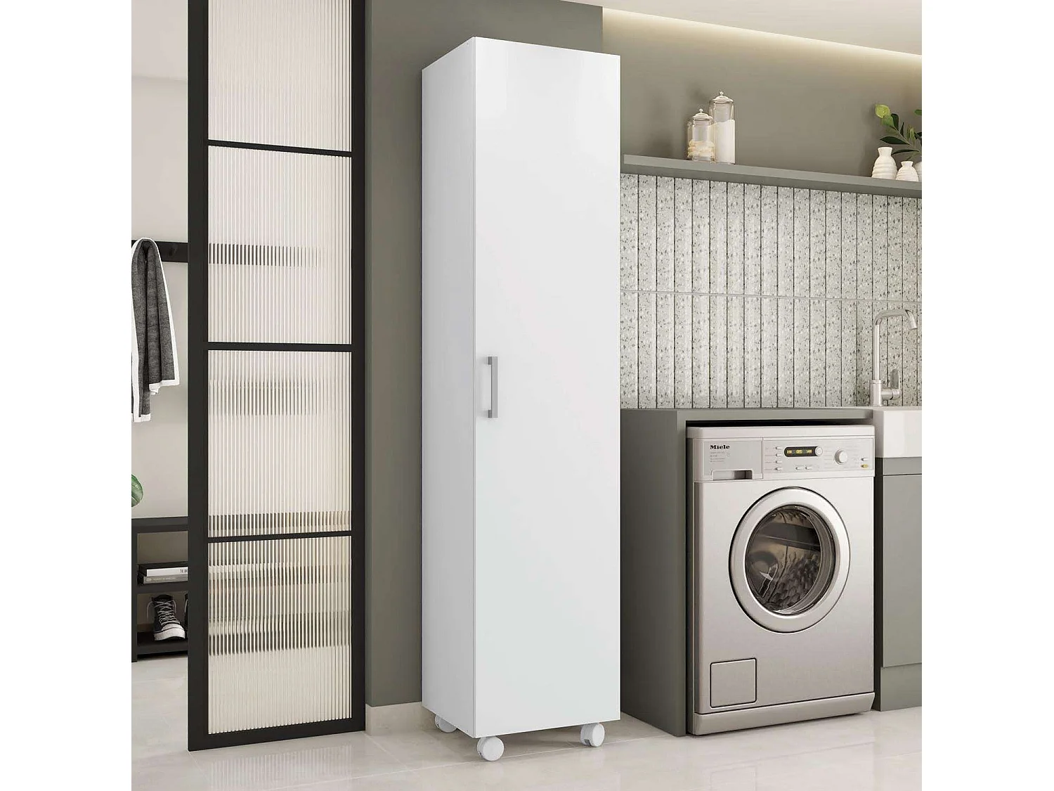 Armario Alto Multiusos con Ruedas 1p Blanco 42x183 cm