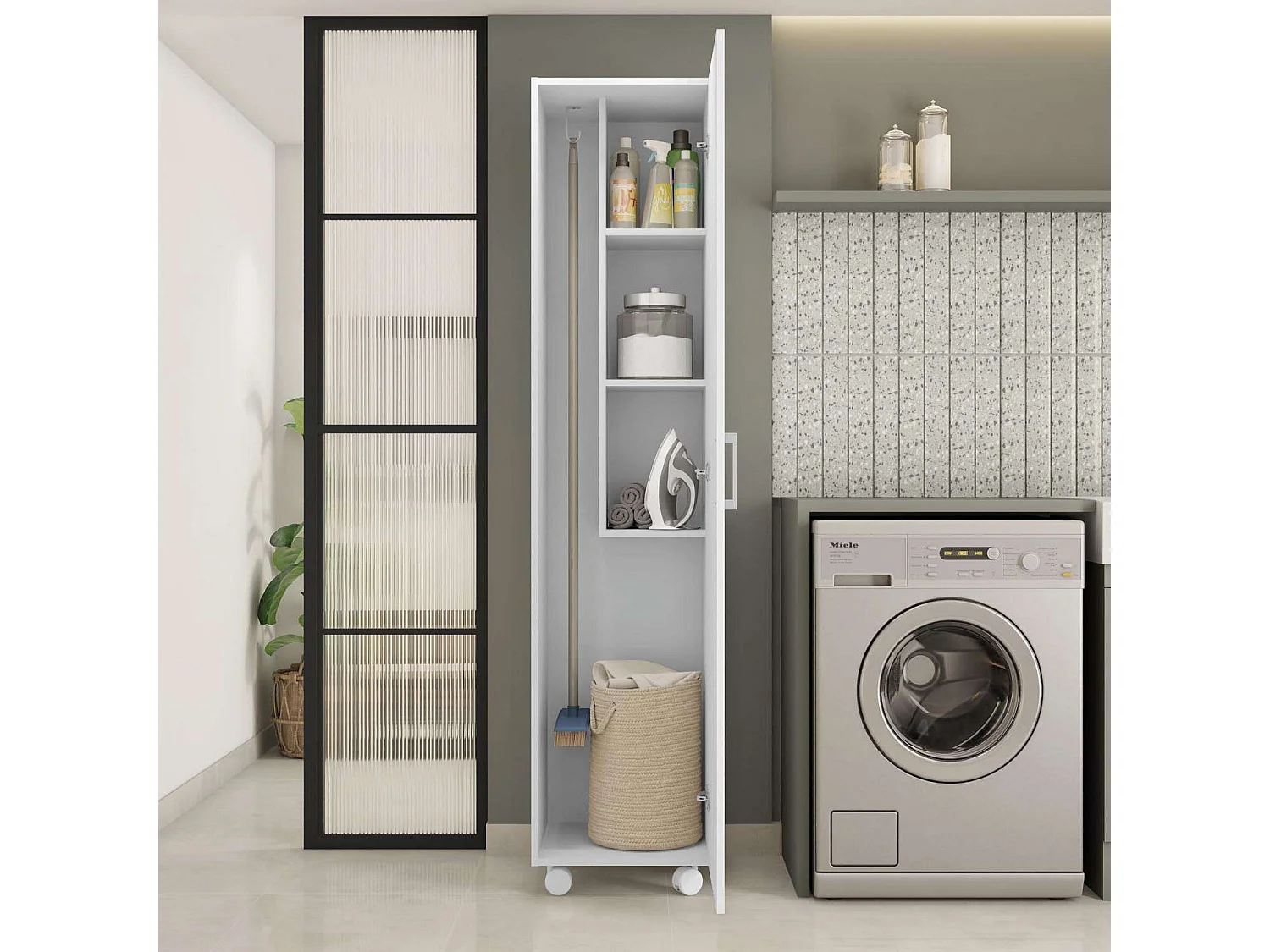 Armario Alto Multiusos con Ruedas 1p Blanco 42x183 cm