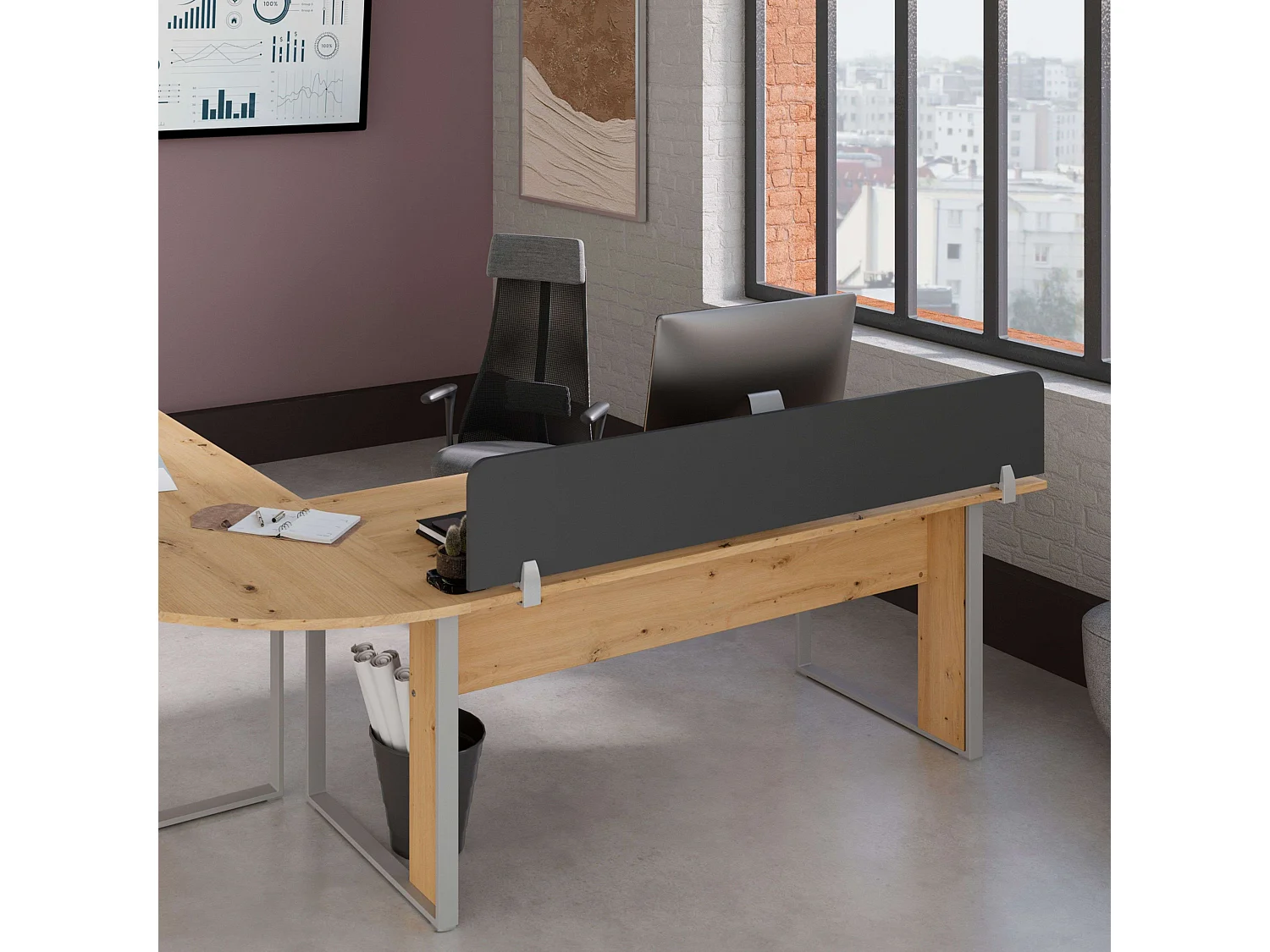Divisória de mesa Venture 180 cm, 2 grampos, cinza