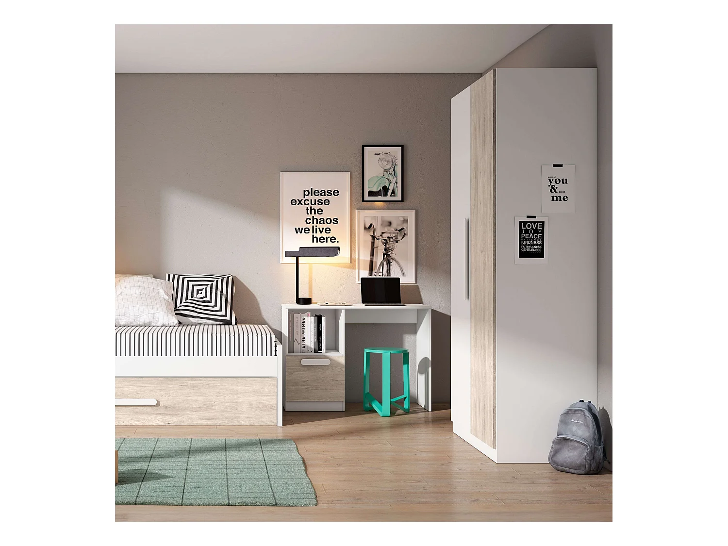 Armario Habitación Juvenil Estelle Nórdico Blanco y Roble 2 Puertas 90x200 cm