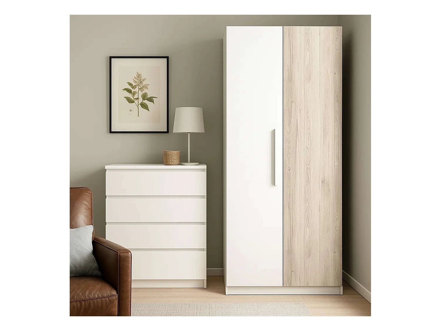 Armario Habitación Juvenil Estelle Nórdico Blanco y Roble 2 Puertas 90x200 cm