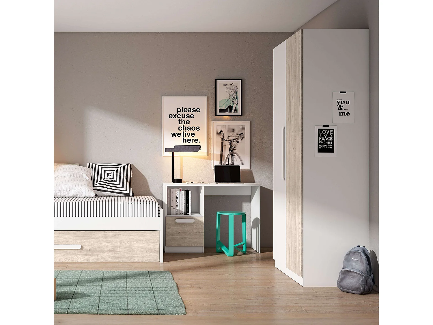 Armario Habitación Juvenil Estelle Nórdico Blanco y Roble 2 Puertas 90x200 cm