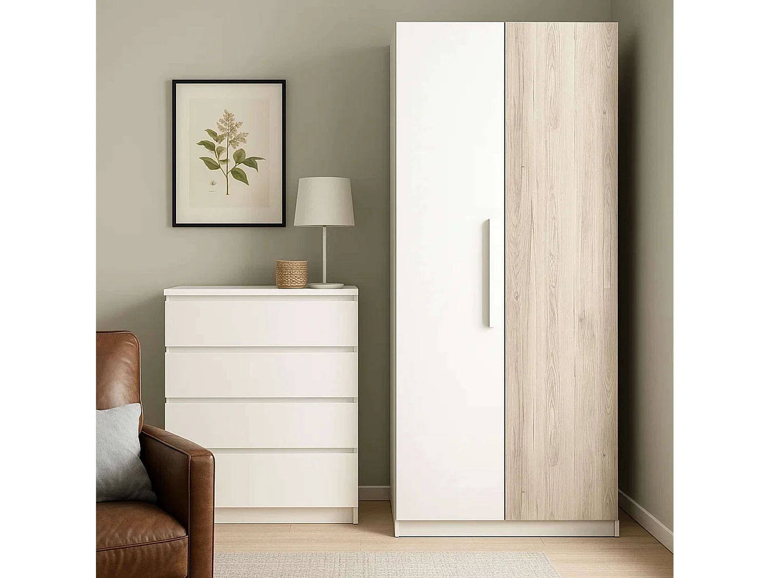 Armario Habitación Juvenil Estelle Nórdico Blanco y Roble 2 Puertas 90x200 cm