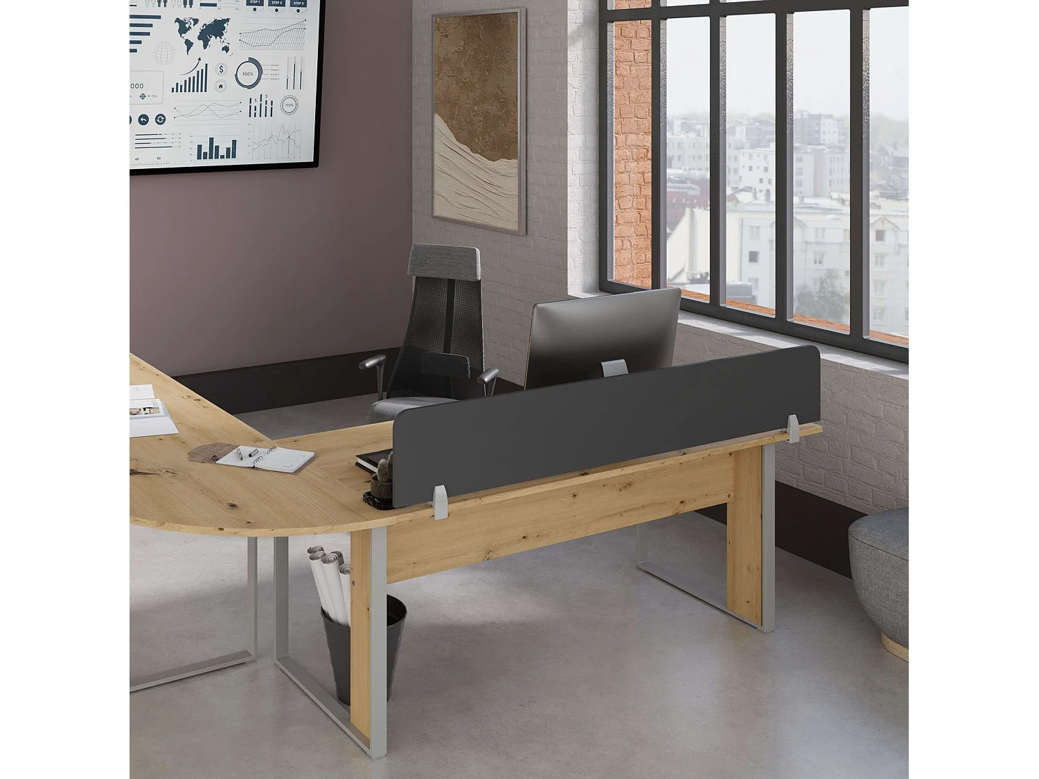 Panneau séparateur de bureau Venture Modern 120 cm, mélaminé gris