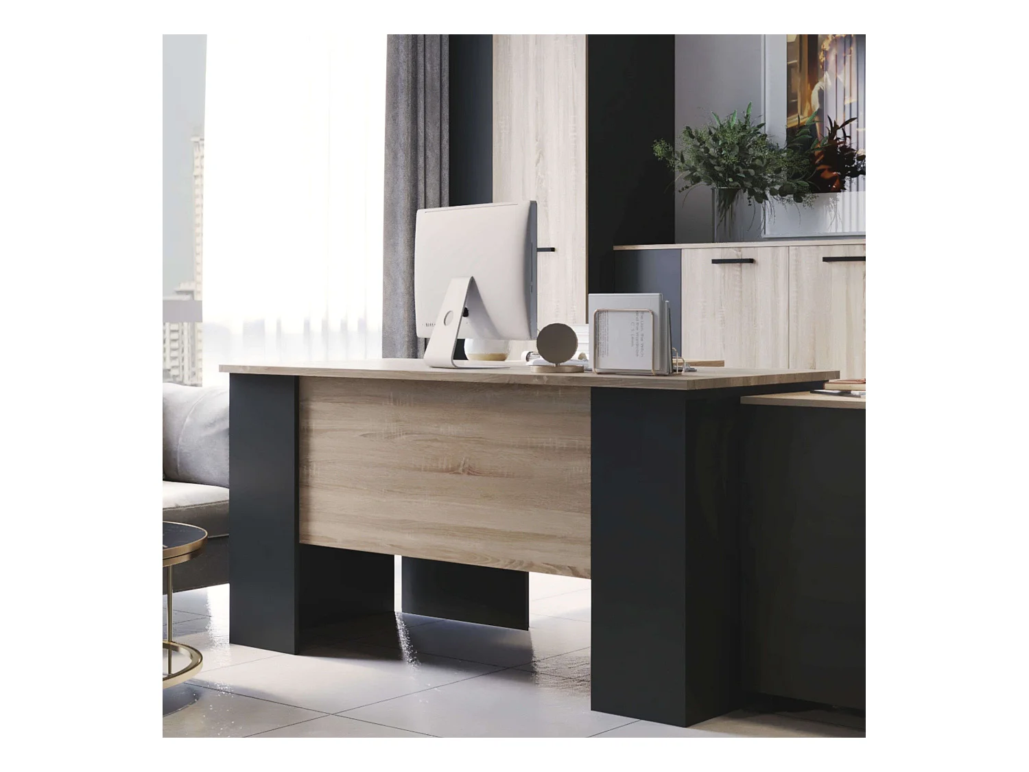 Mesa de escritório industrial Nibis Carvalho Sonoma/Cinza Antracite 140 cm