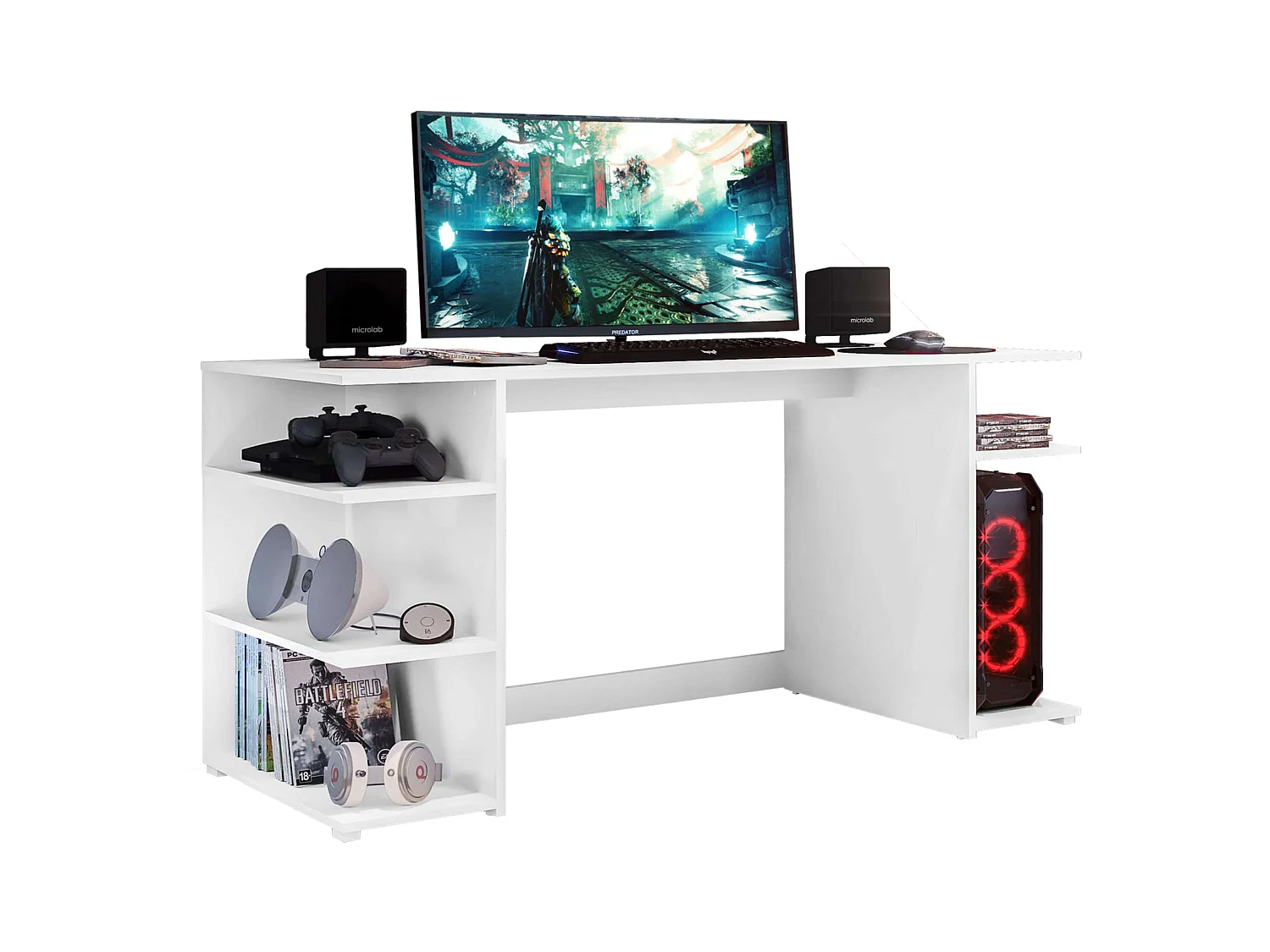 Bureau d'ordinateur Tow 5H, blanc contemporain, 3 étagères et tour