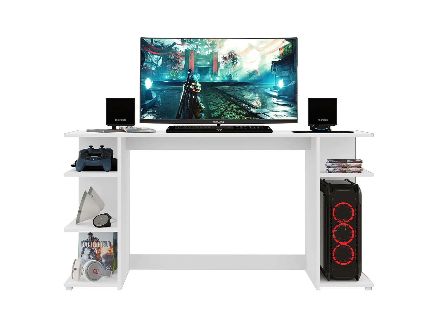 Bureau d'ordinateur Tow 5H, blanc contemporain, 3 étagères et tour