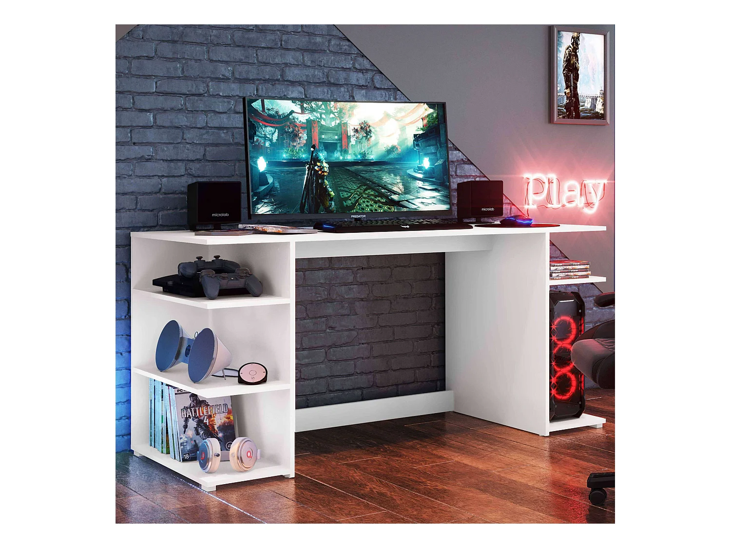 Bureau d'ordinateur Tow 5H, blanc contemporain, 3 étagères et tour