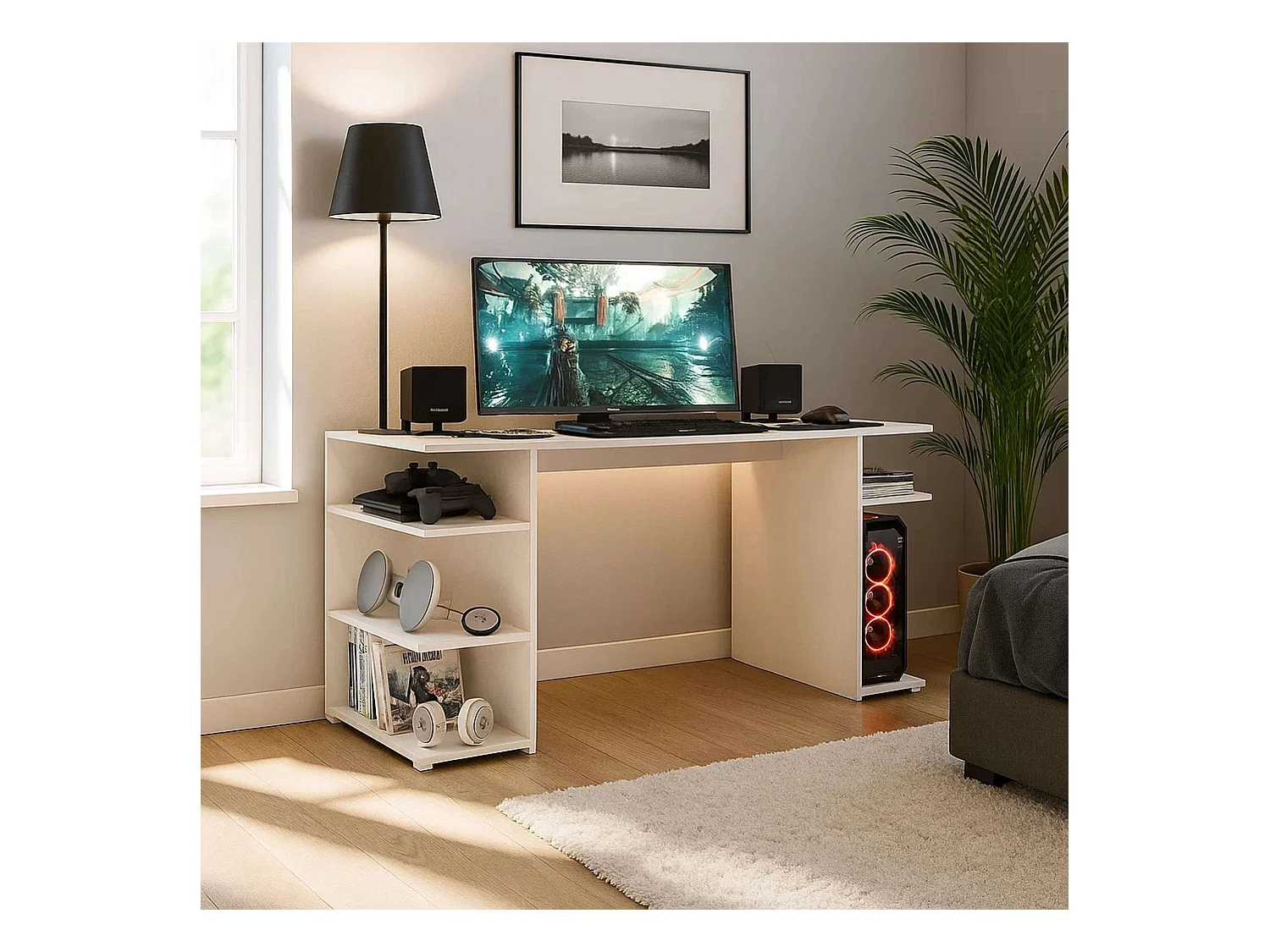 Bureau d'ordinateur Tow 5H, blanc contemporain, 3 étagères et tour