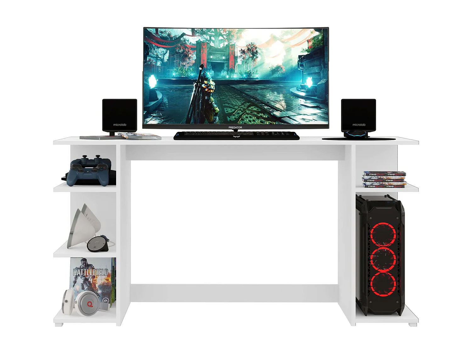 Bureau d'ordinateur Tow 5H, blanc contemporain, 3 étagères et tour