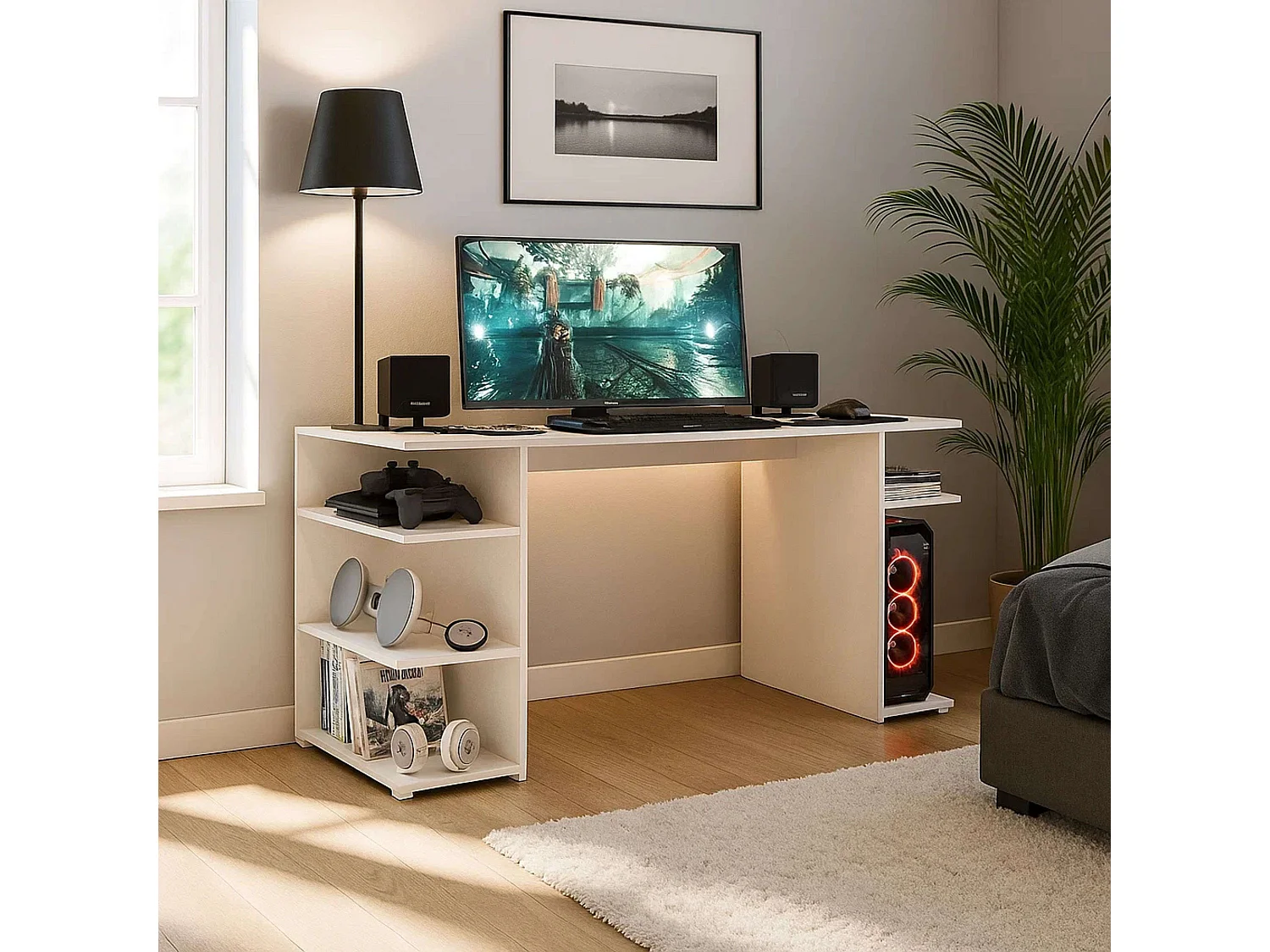 Bureau d'ordinateur Tow 5H, blanc contemporain, 3 étagères et tour