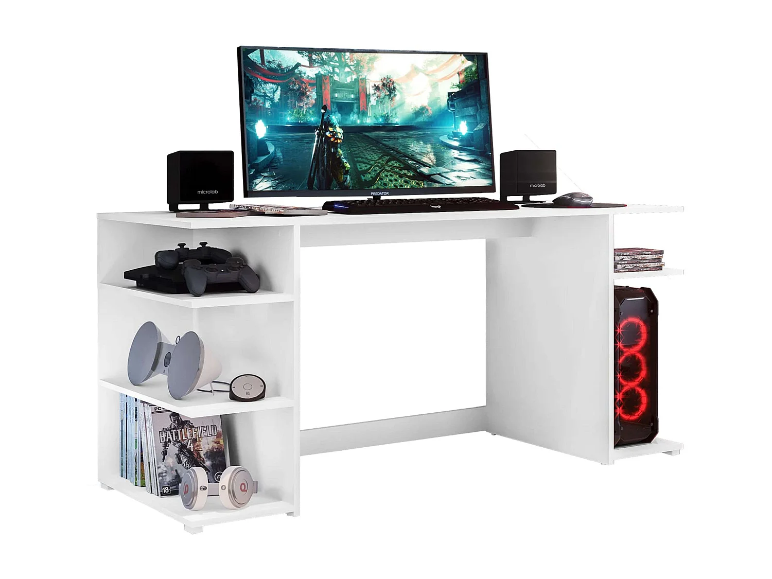 Bureau d'ordinateur Tow 5H, blanc contemporain, 3 étagères et tour