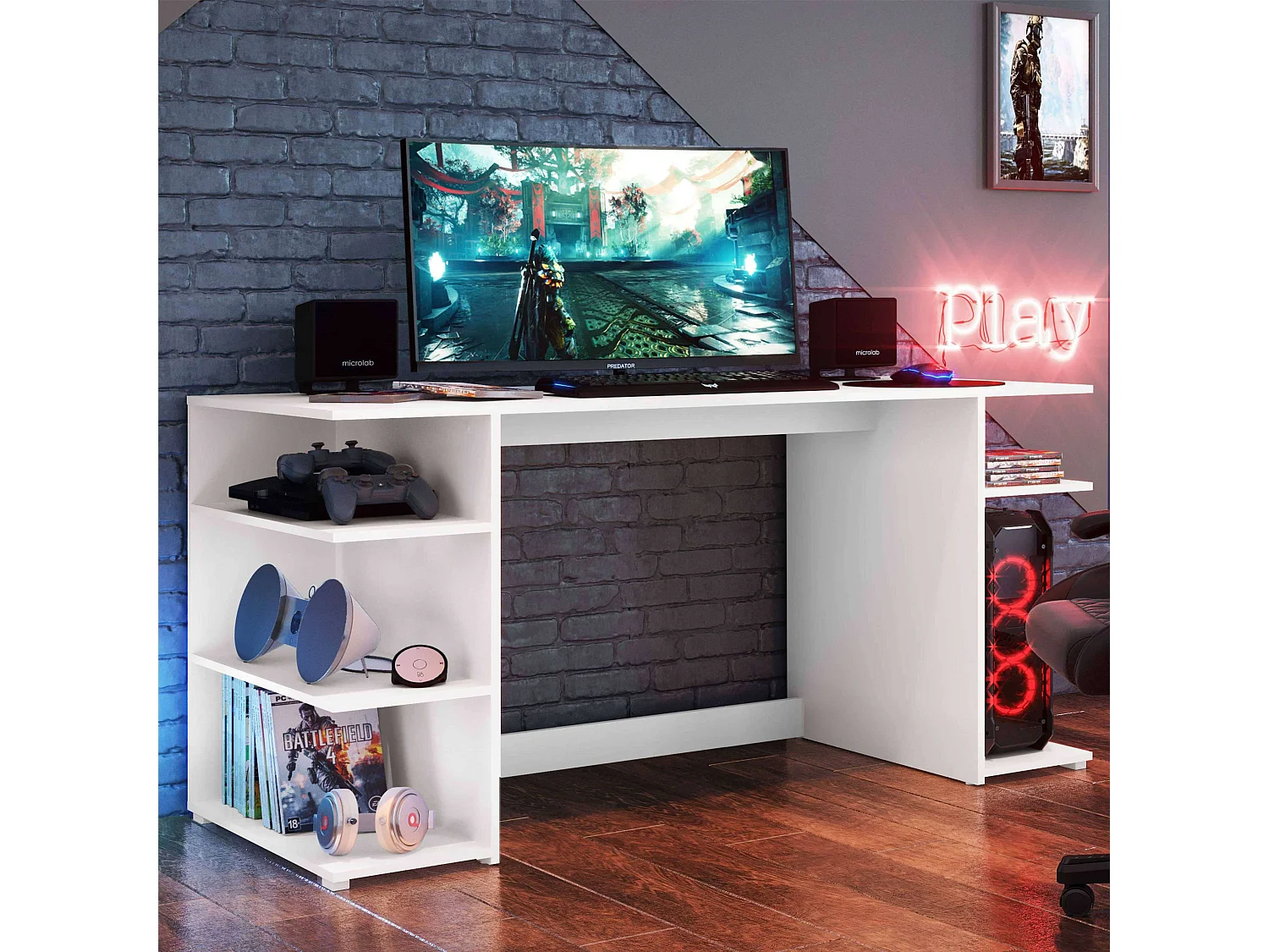 Bureau d'ordinateur Tow 5H, blanc contemporain, 3 étagères et tour