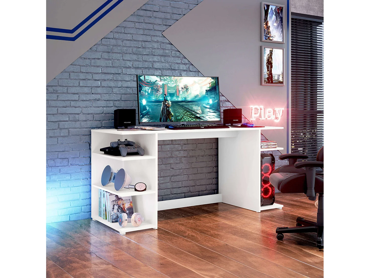 Bureau d'ordinateur Tow 5H, blanc contemporain, 3 étagères et tour