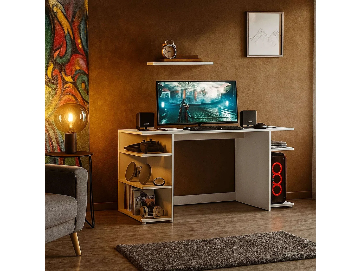 Bureau d'ordinateur Tow 5H, blanc contemporain, 3 étagères et tour