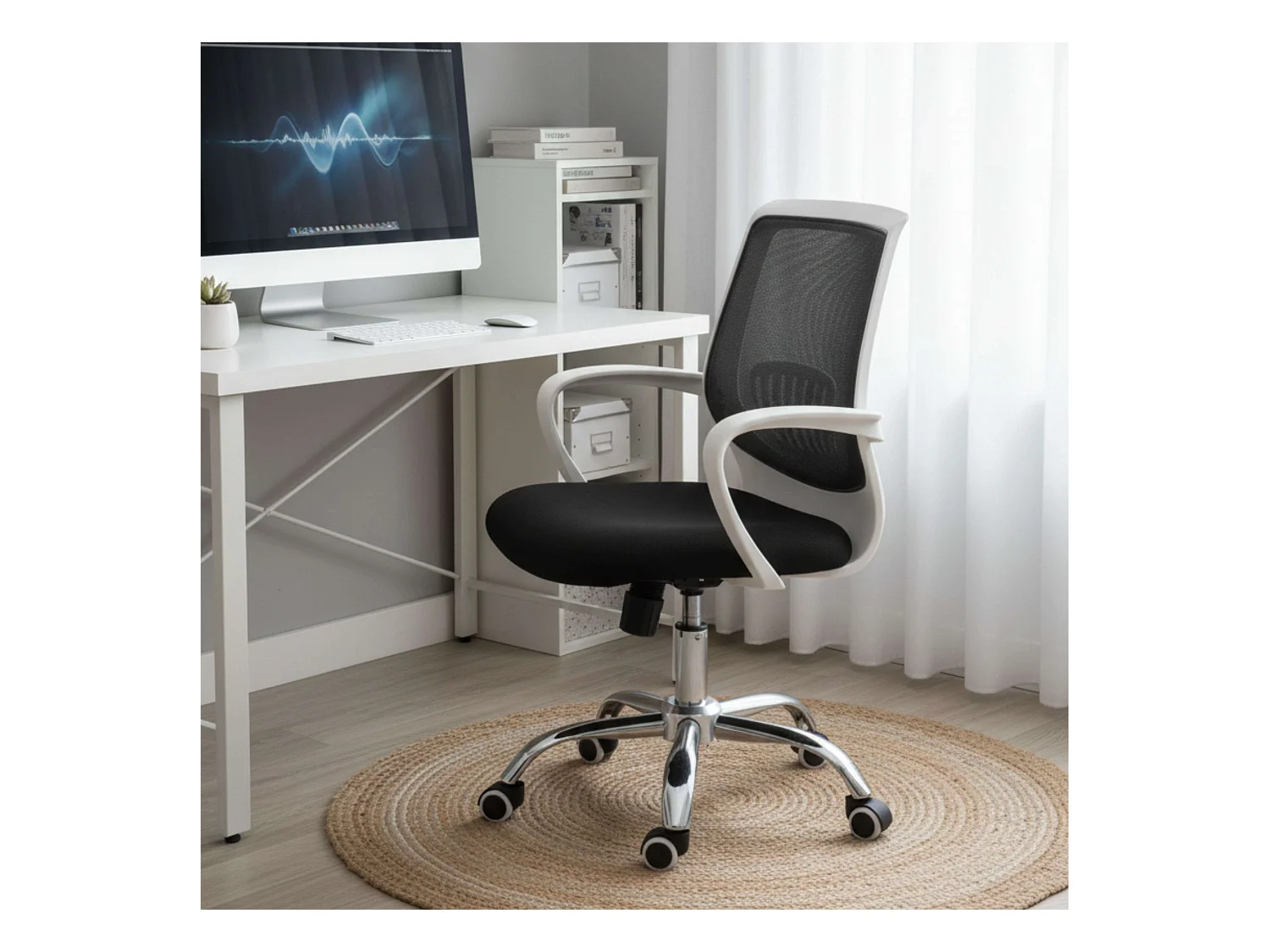 Chaise de bureau tendance pour le travail, blanc/noir, métal, tissu, 60 x 87 x 59 cm