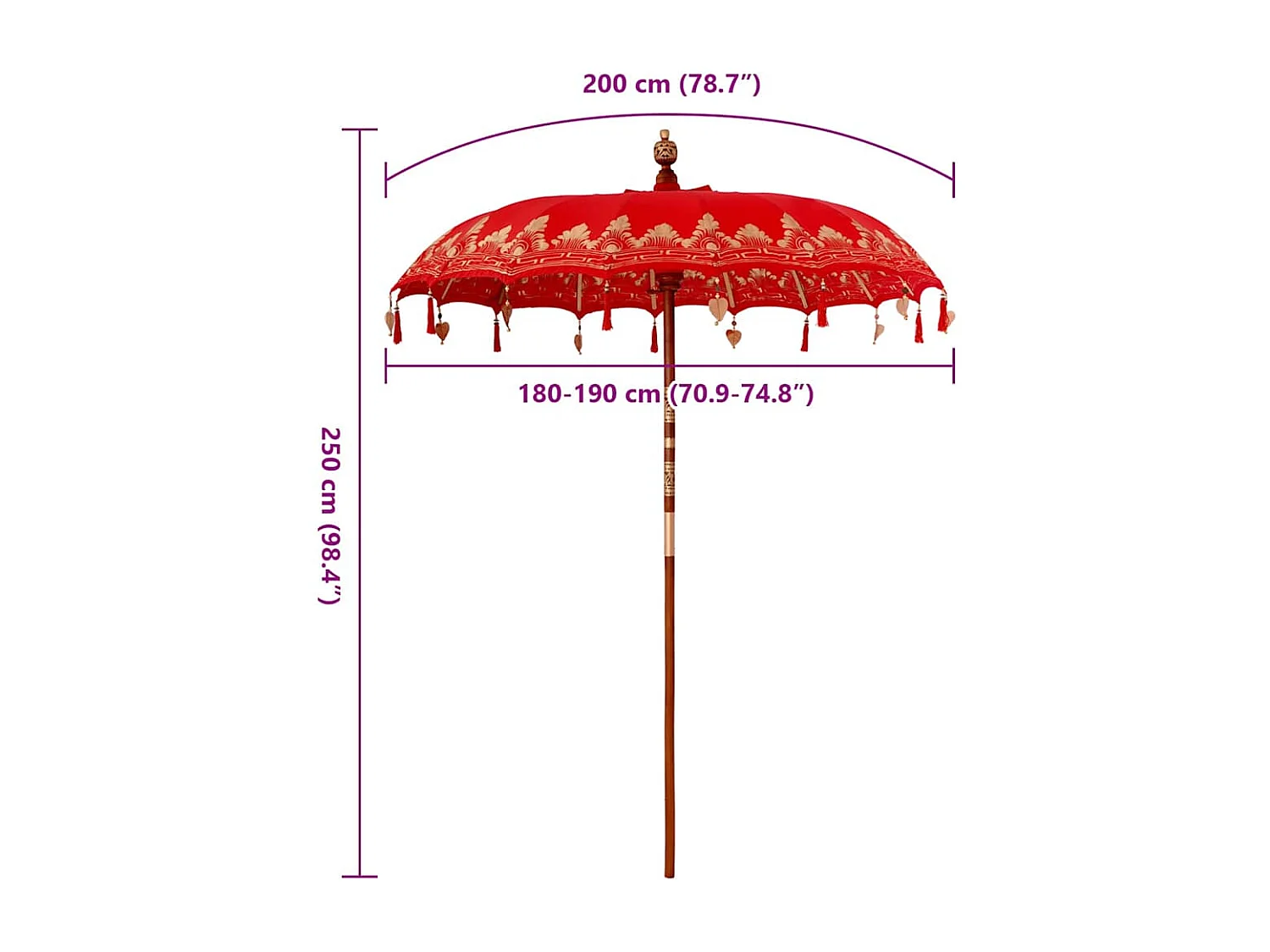Parasol de jardin-Parasol balinais Rouge (180-190) x 260 cm Coton et bois massif