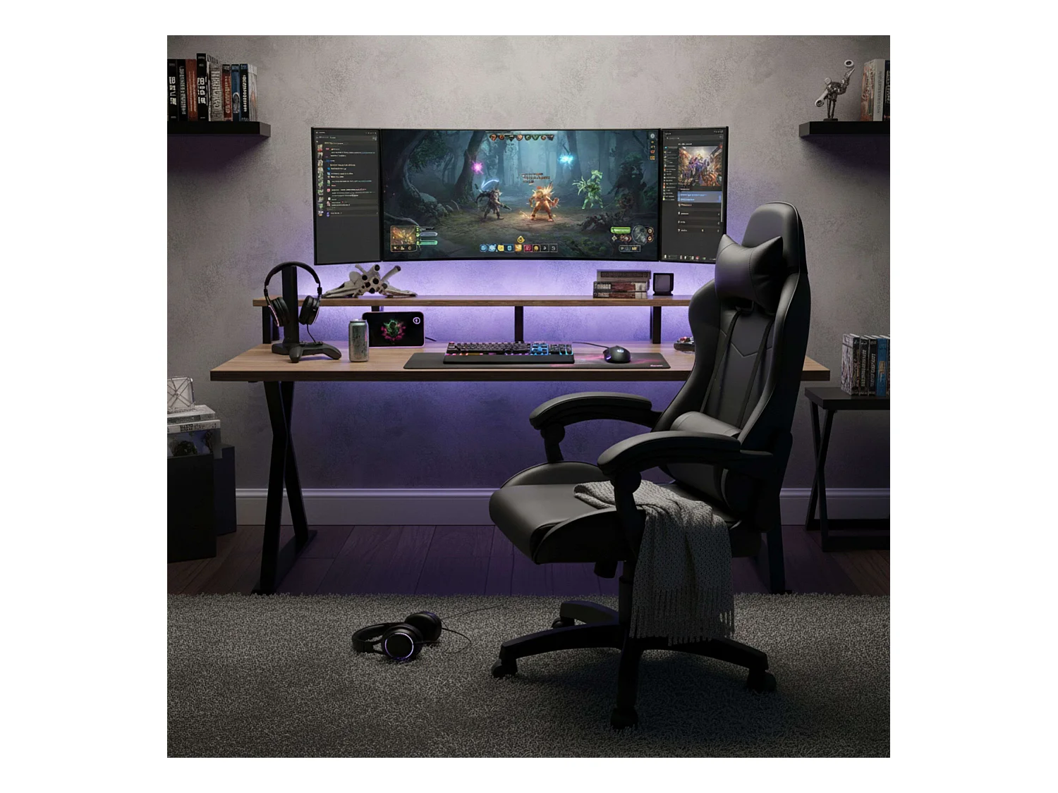 Chaise de jeu Estancia Koe noire avec coussin lombaire 66x122x66 cm