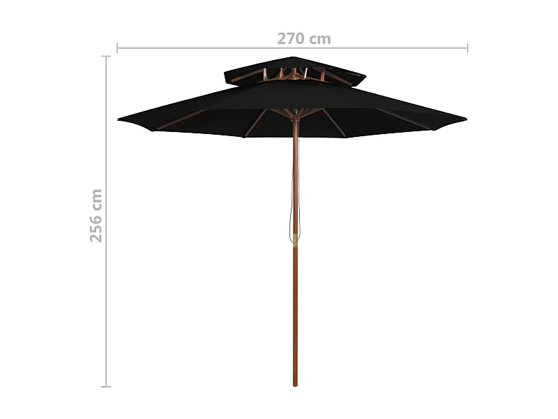 Parasol de jardin à deux étages avec mât en bois noir 270 cm