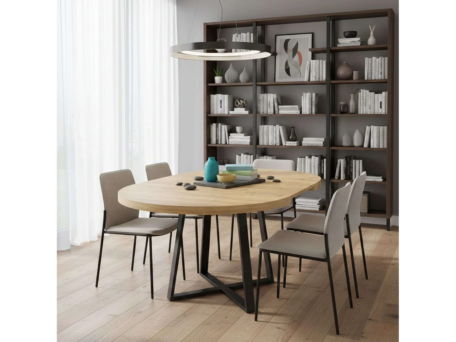 Mesa comedor redonda Aduna extensible 6 en madera clara y negro 77x110-158 cm