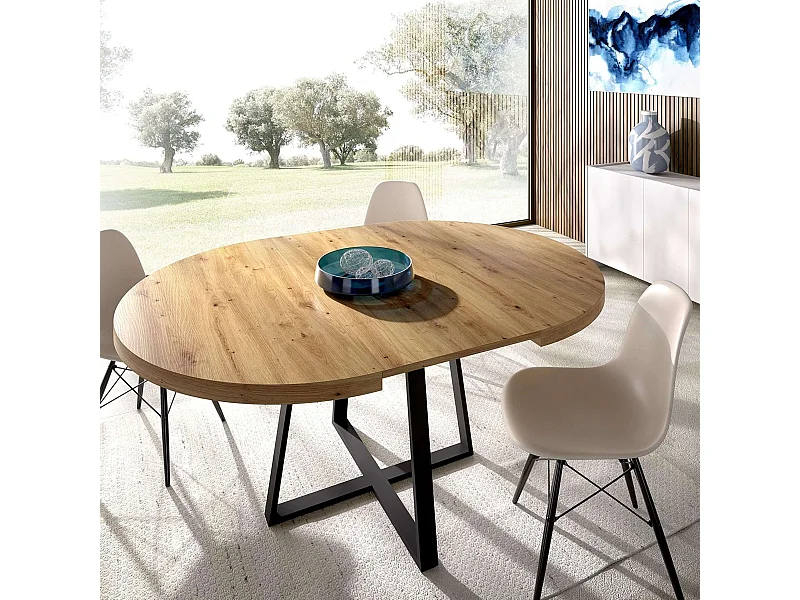 Mesa comedor redonda Aduna extensible 6 en madera clara y negro 77x110-158 cm