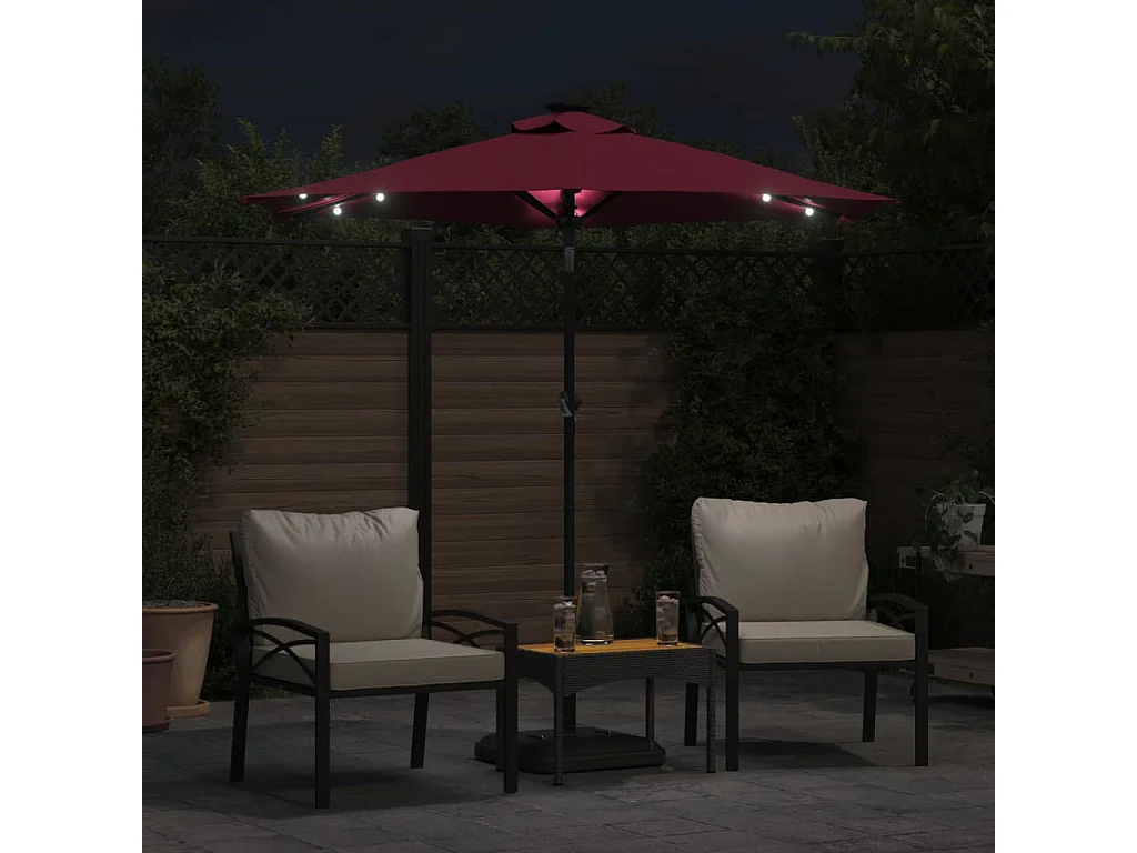 Parasol de jardin-Parasol d'extérieur avec LED mât en acier bordeaux 225x225x212 cm