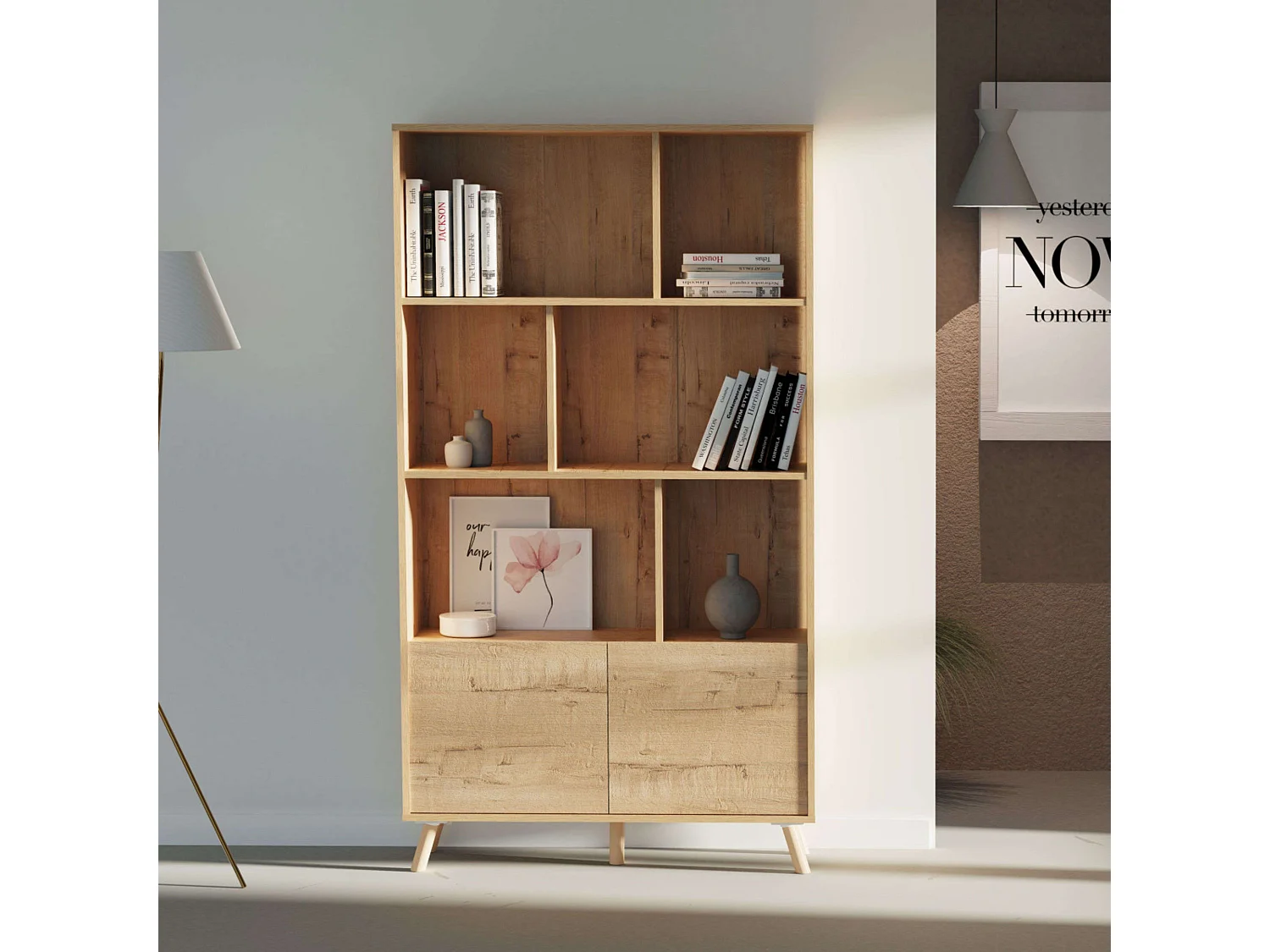 Librería Oslo 2 Puertas 6 Estantes Patas Roble Gold 100x180x30 cm