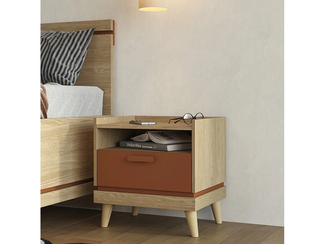 Table de chevet NOKI – Chêne clair et moka – 1 tiroir style scandinave