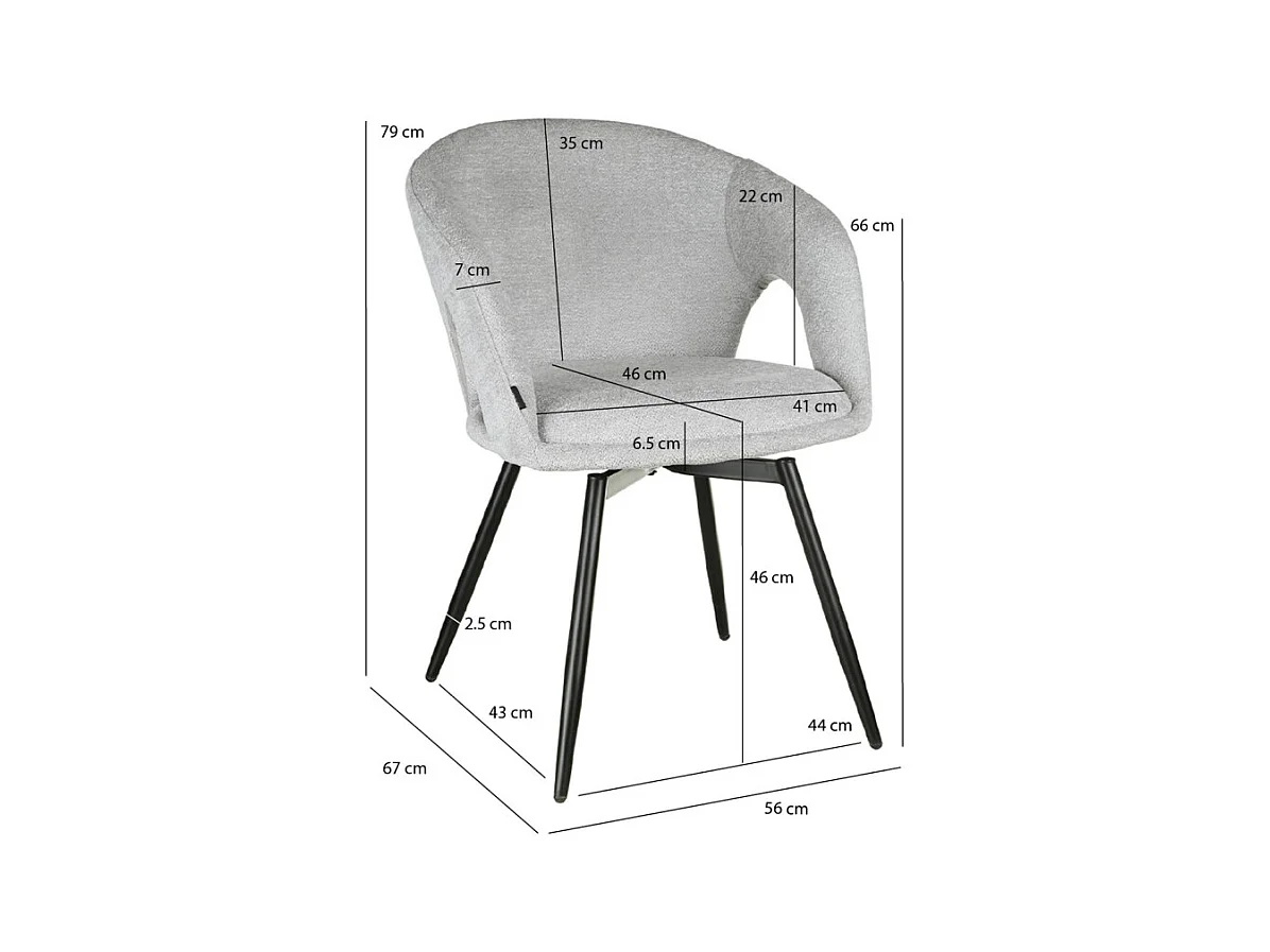 Chaise rotative 180° en tissu doux gris clair et pieds métal - ALEX