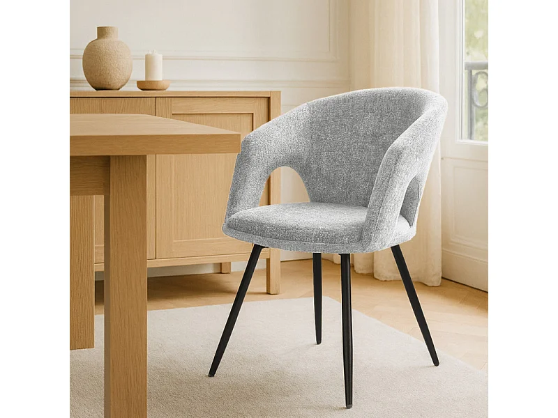 Chaise rotative 180° en tissu doux gris clair et pieds métal - ALEX