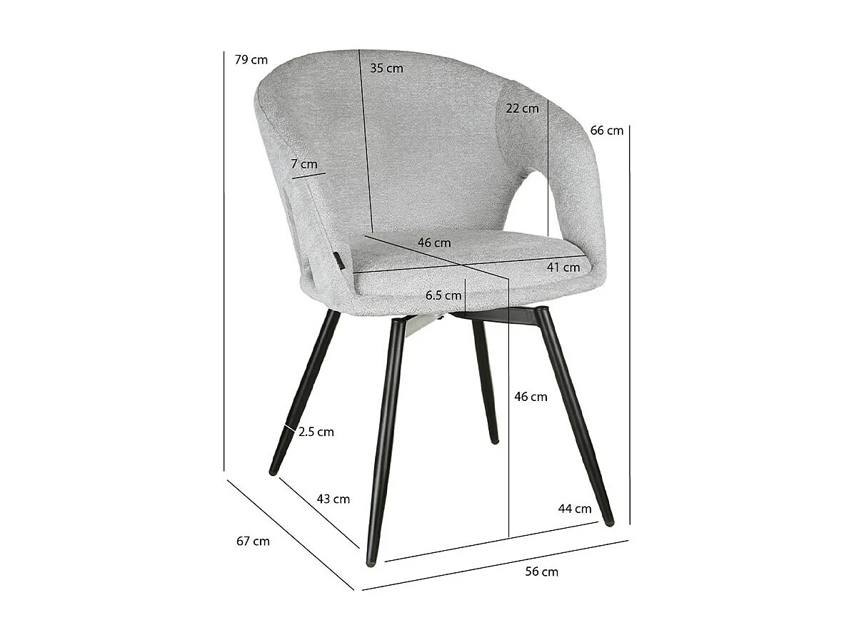 Chaise rotative 180° en tissu doux gris clair et pieds métal - ALEX