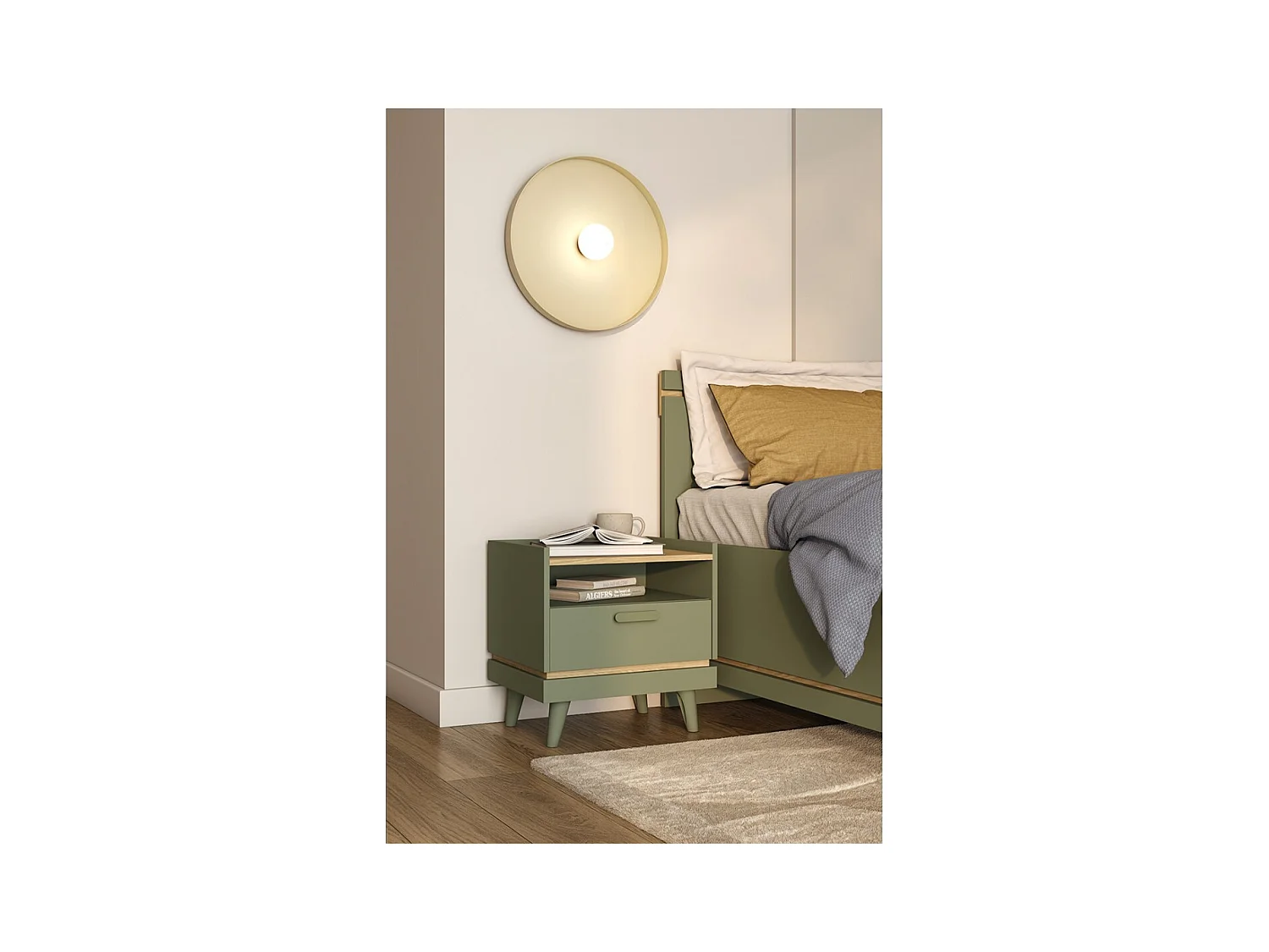 Table de chevet NOKI – Vert et bois – 1 tiroir style scandinave