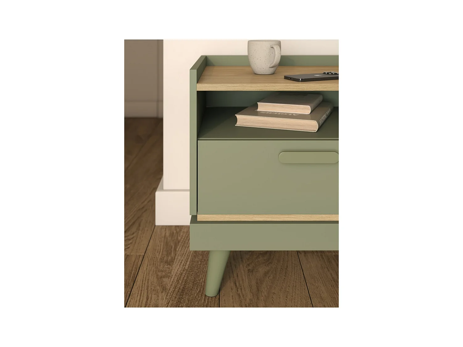 Table de chevet NOKI – Vert et bois – 1 tiroir style scandinave