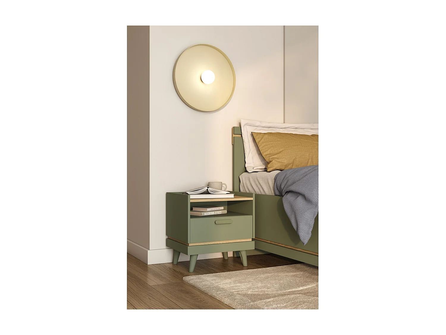 Table de chevet NOKI – Vert et bois – 1 tiroir style scandinave