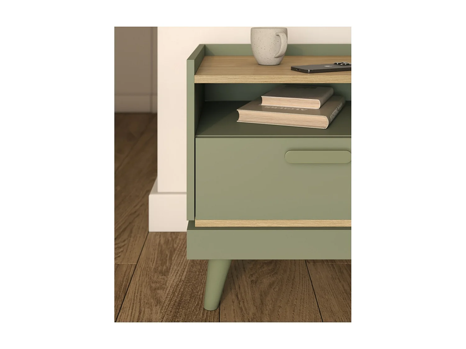 Table de chevet NOKI – Vert et bois – 1 tiroir style scandinave
