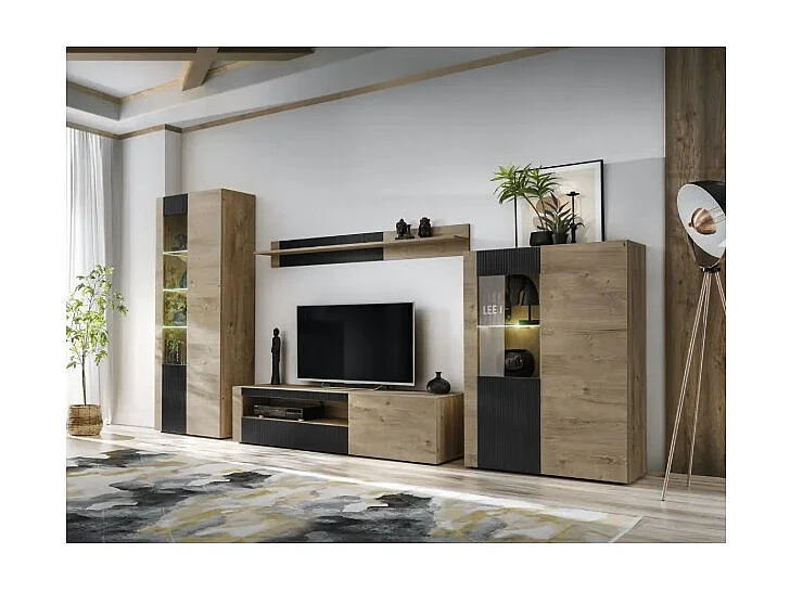 Vitrine DOUM – Chêne clair et noir – L70 x H192 x P40 cm