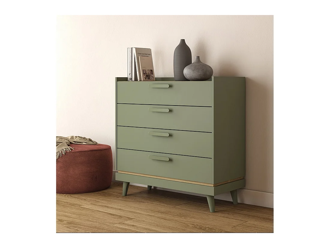 Commode NOKI – Vert et bois – 3 tiroirs style scandinave