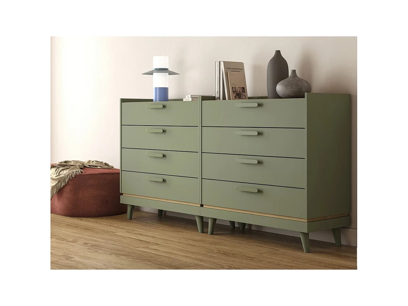 Commode NOKI – Vert et bois – 3 tiroirs style scandinave