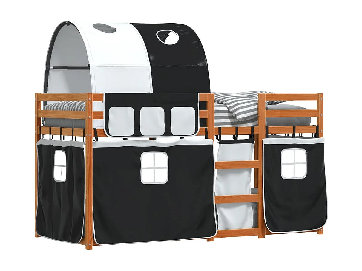 Cama individual | Litera con cortinas madera maciza pino blanco y negro 75x190 cm SHL110081