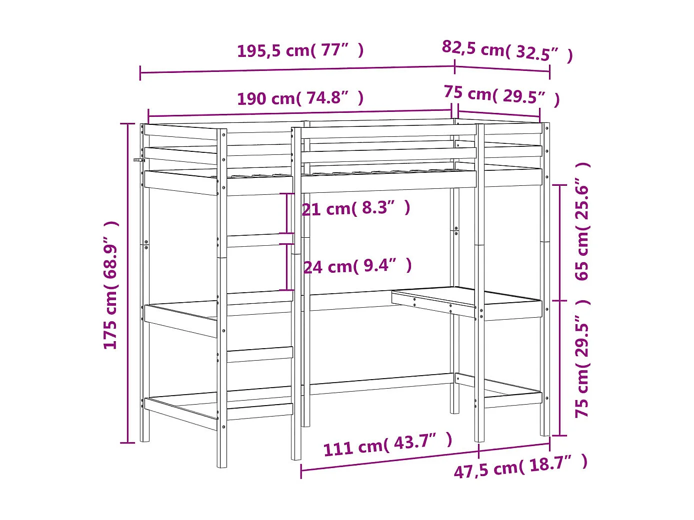 Bettgestell | Kinderbett | Hochbett mit Schreibtisch Weiß 75x190 cm Massivholz Kiefer SHL977218